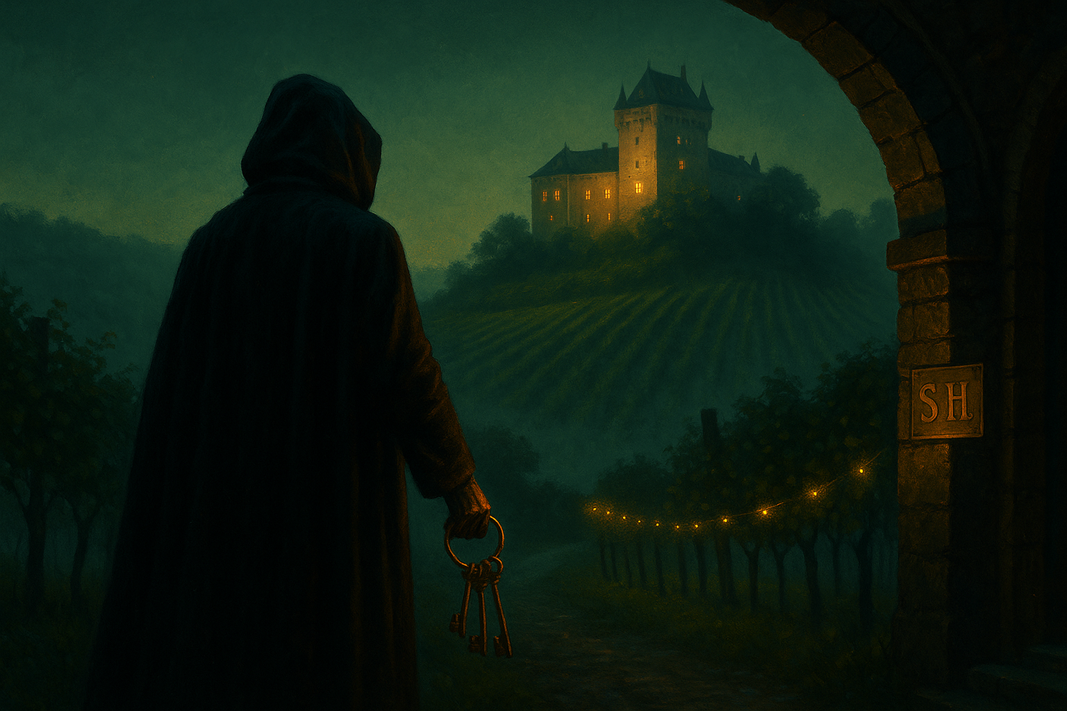 Der Schlosshauptmann – vor dem Schloss, die Weinberge zu Füßen; der Schlüssel im Licht, der Abend hält den Atem an. Schlossgang, Steinpodest, grüne Magnum ‚Schlosshauptmann‘, kühles Licht – Auftakt der Serie.