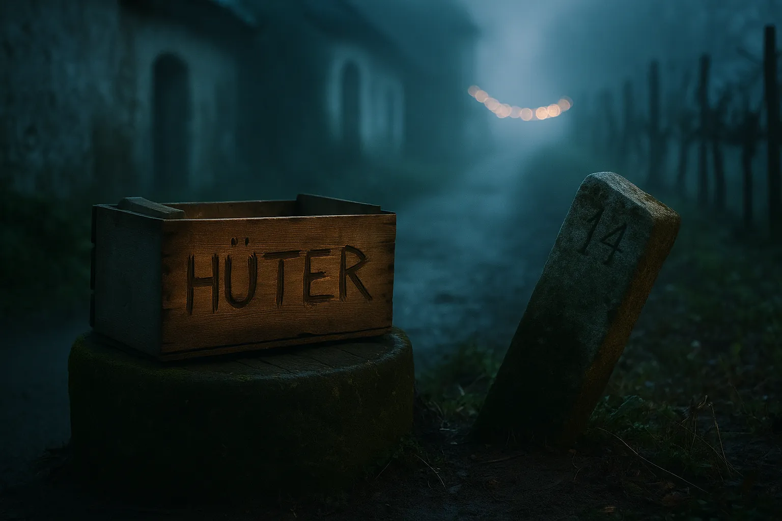 Linien verschieben? Die Riede merkt sich jeden Schritt. Cover Folge 3 „Riedenkartell“ – Nebel in der Riede, gekippter Grenzstein, eingeritztes „Hüter“