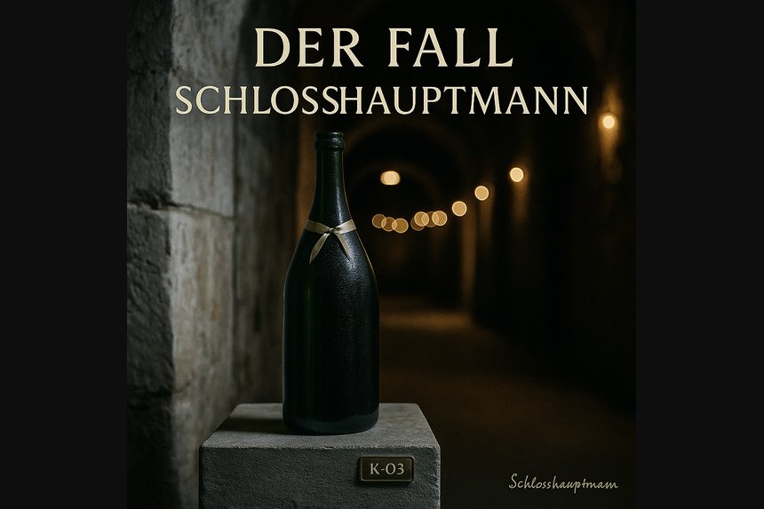 Folge 1: Eine leere Nische, ein pfeifender Gang – und ein Abend, der alles verändert. Cover der Serie „Schlosshauptmann“, Folge 1 „Der Fall Schlosshauptmann“ – grüne Magnum im kühlen Schlossgang mit Satinband
