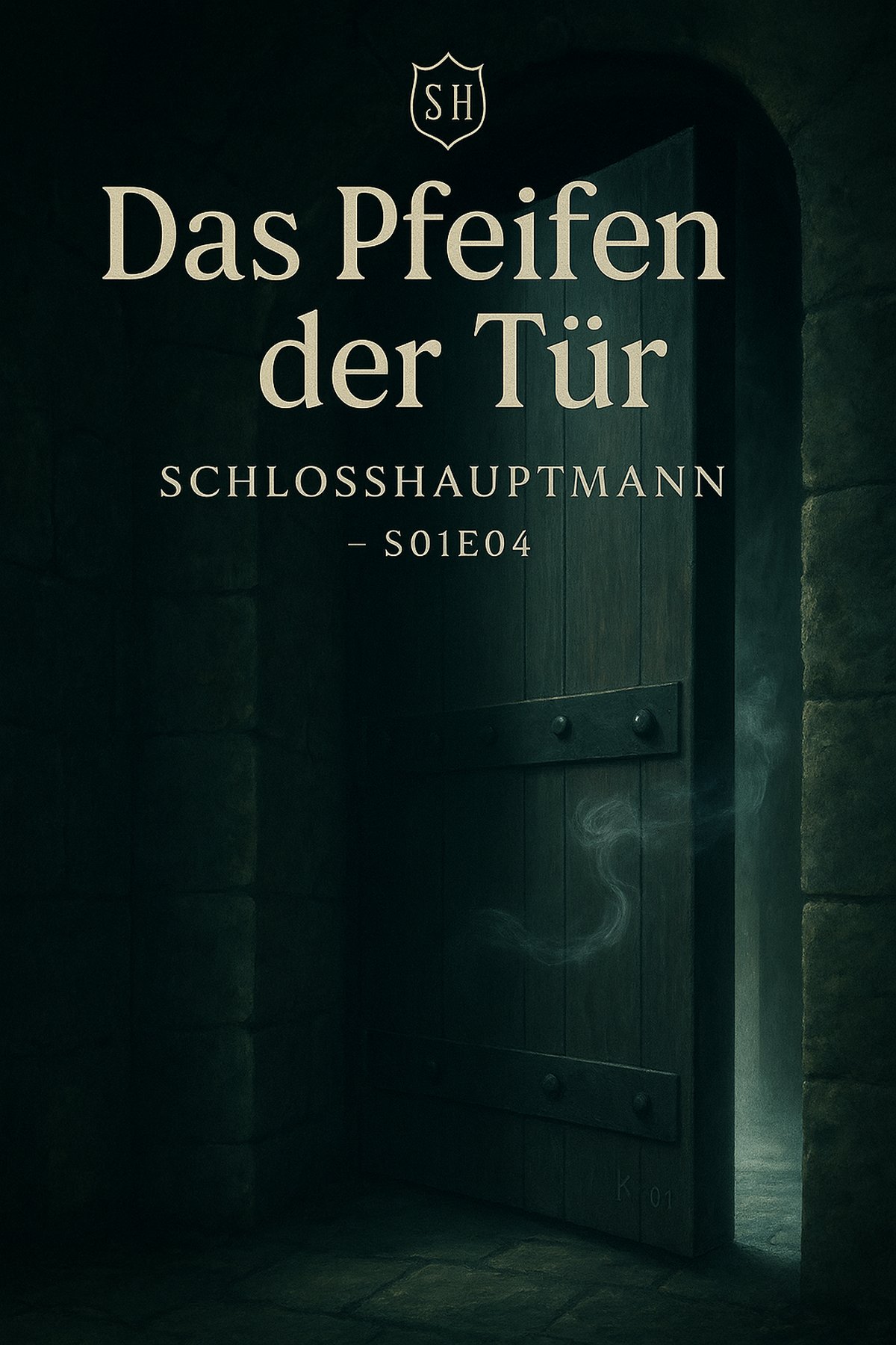 Cover Folge 4 „Das Pfeifen der Tür“ – schwere Holztür im Luftzug, kühler Gang, Datenlogger