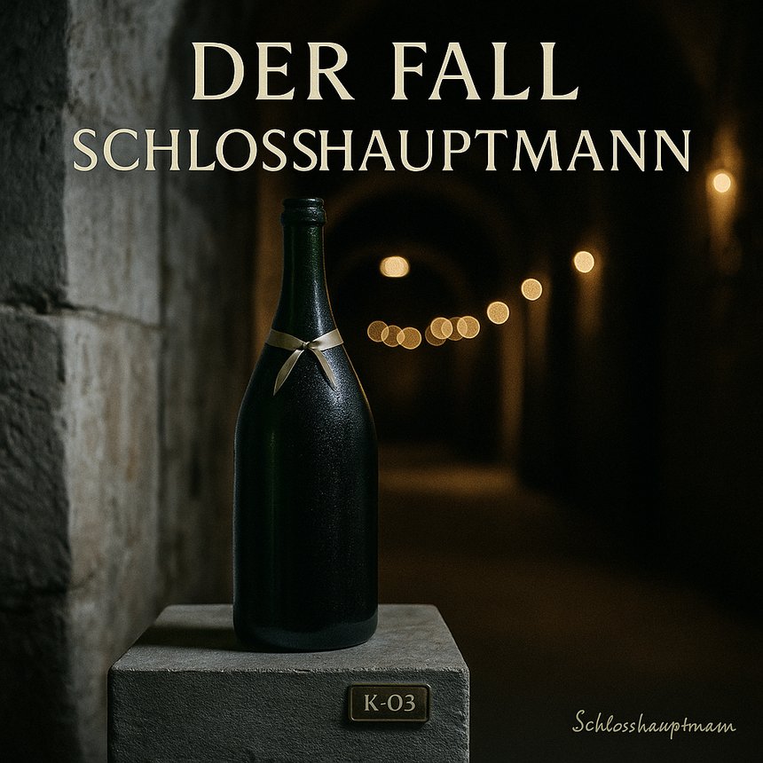 Folge 1: Eine leere Nische, ein pfeifender Gang – und ein Abend, der alles verändert. Cover der Serie „Schlosshauptmann“, Folge 1 „Der Fall Schlosshauptmann“ – grüne Magnum im kühlen Schlossgang mit Satinband