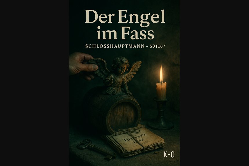 Alte Zahlen atmen wieder – und sagen mehr als gedacht. Cover Folge 7 „Der Engel im Fass“ – Holzengel am Fass, braunes Packpapier, alte Protokolle
