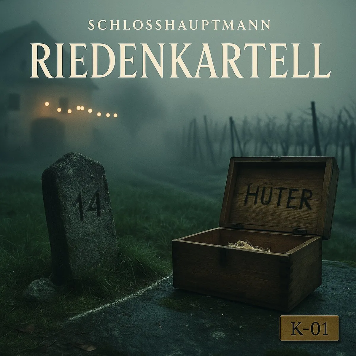 Linien verschieben? Die Riede merkt sich jeden Schritt. Cover Folge 3 „Riedenkartell“ – Nebel in der Riede, gekippter Grenzstein, eingeritztes „Hüter“