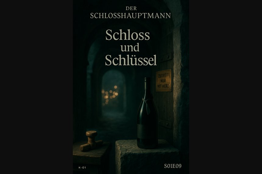 Heute öffnet sich mehr als eine Tür. Cover Folge 9 „Schloss und Schlüssel“ – Magnum am Podest, Messingschild S.H., Hof im Abendlicht